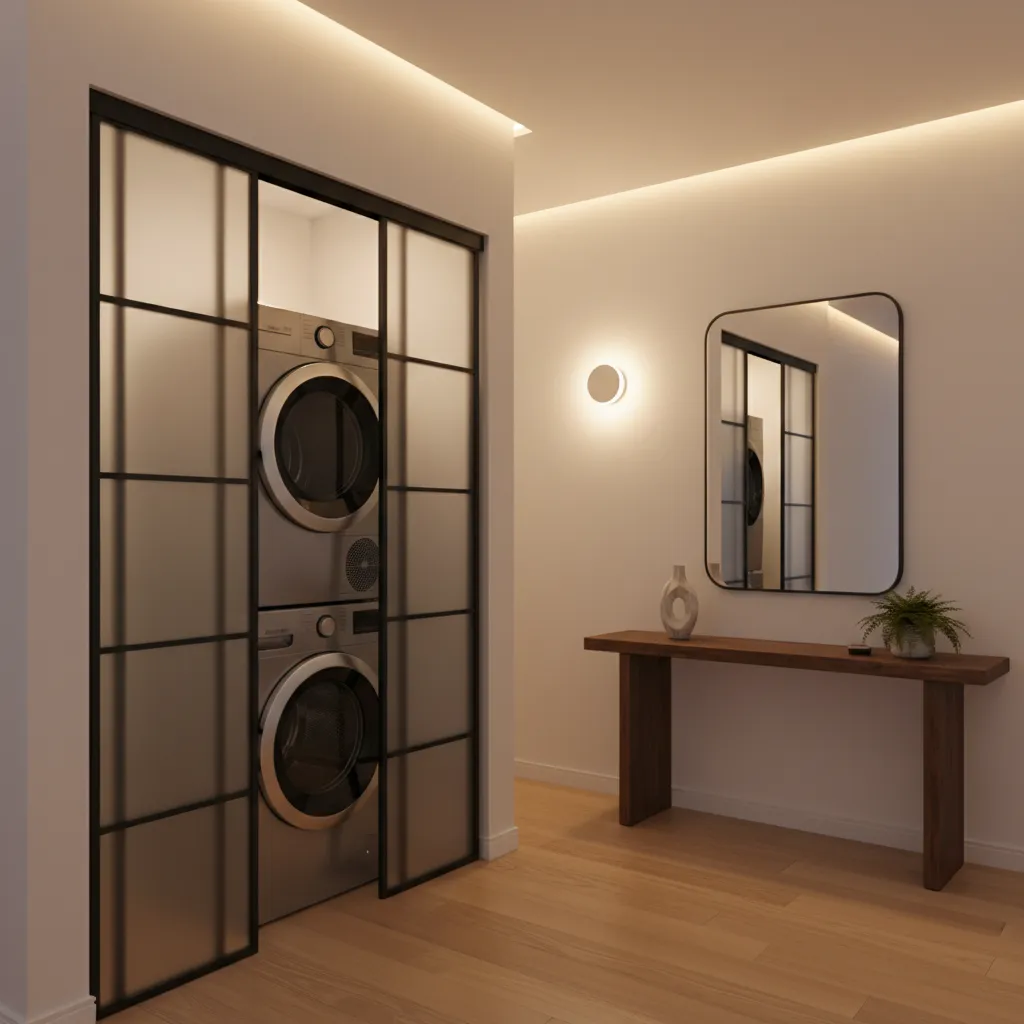 Apartment hallway with stacked washer dryer inside built in closet