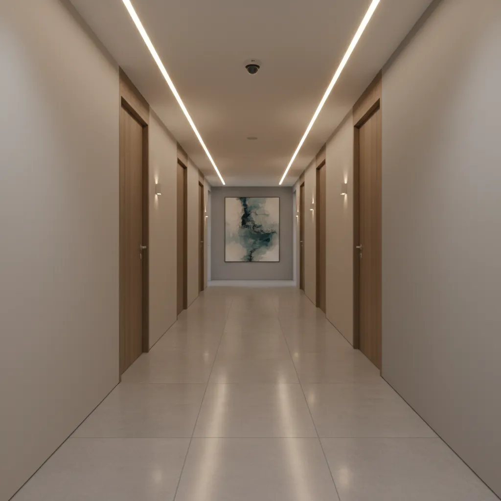apartment hallway with visible security camera monitoring shared areas