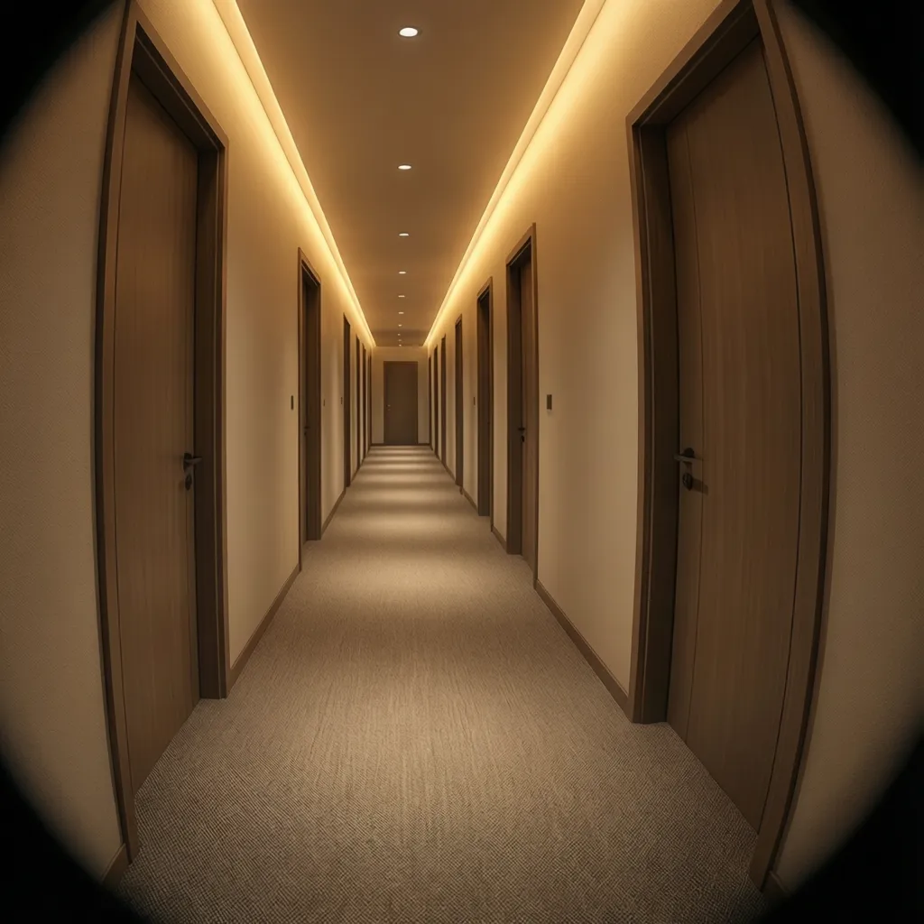 Long apartment hallway with doors and neutral lighting representing shared residential space