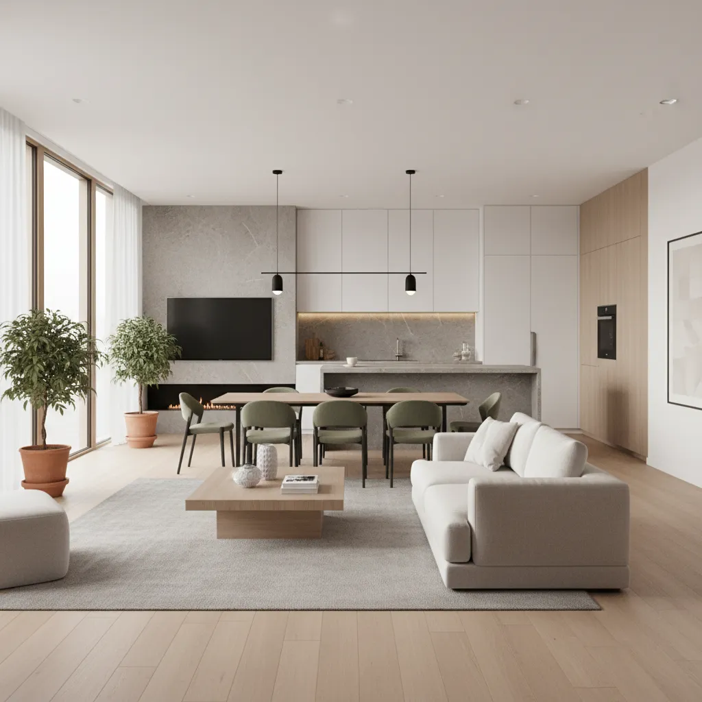 Render de mockup de apartamento moderno con cocina y sala conectadas