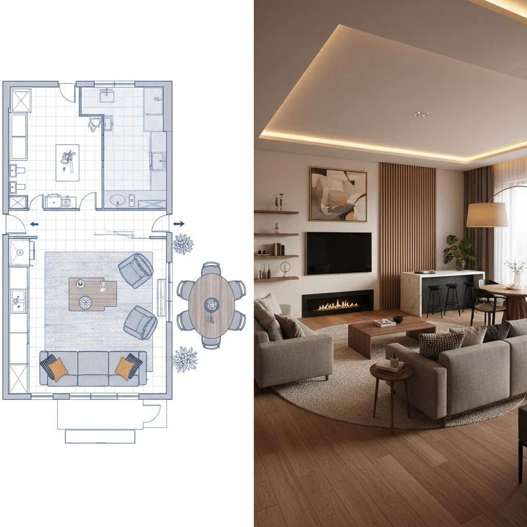 Proceso de diseño interior desde plano hasta espacio terminado