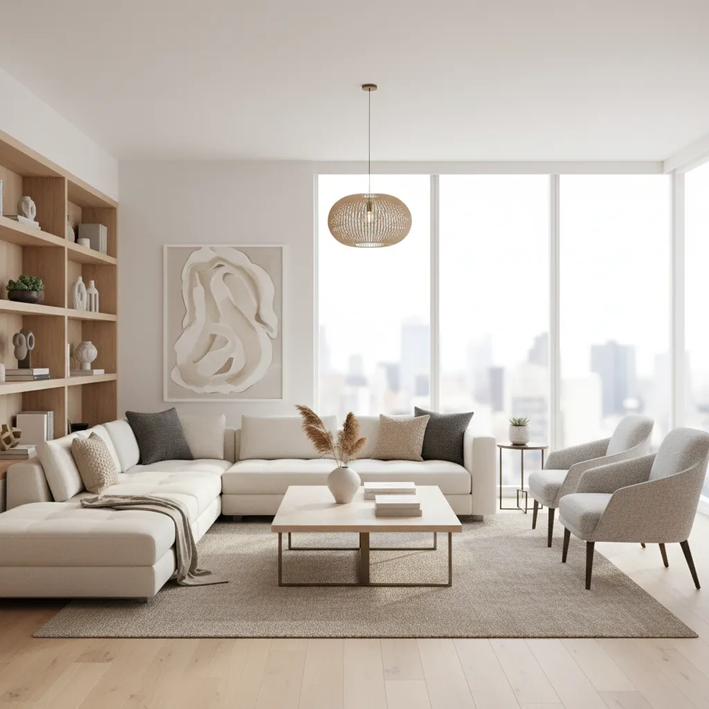 Proyecto de diseño interior de un salón moderno con mobiliario contemporáneo