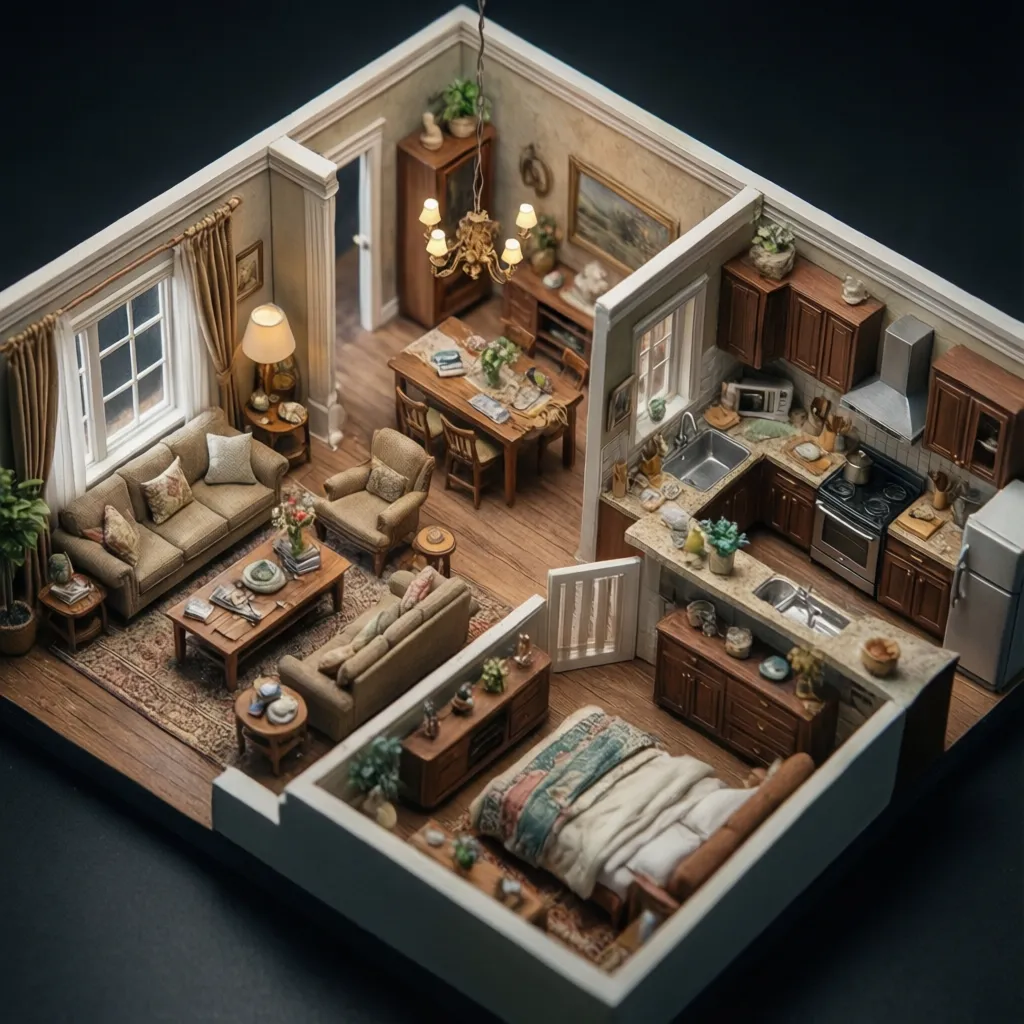 Maqueta detallada de un apartamento mostrando sala, cocina y dormitorio