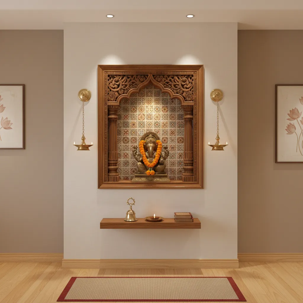 Small apartment Kerala style pooja wall niche with wood frame