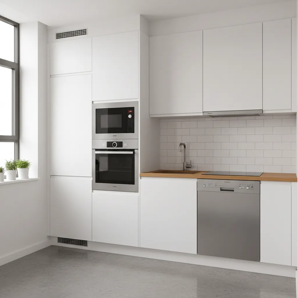 White kitchen featuring wood countertop, integrated oven, microwave, dishwasher, and white brick style wall tiles