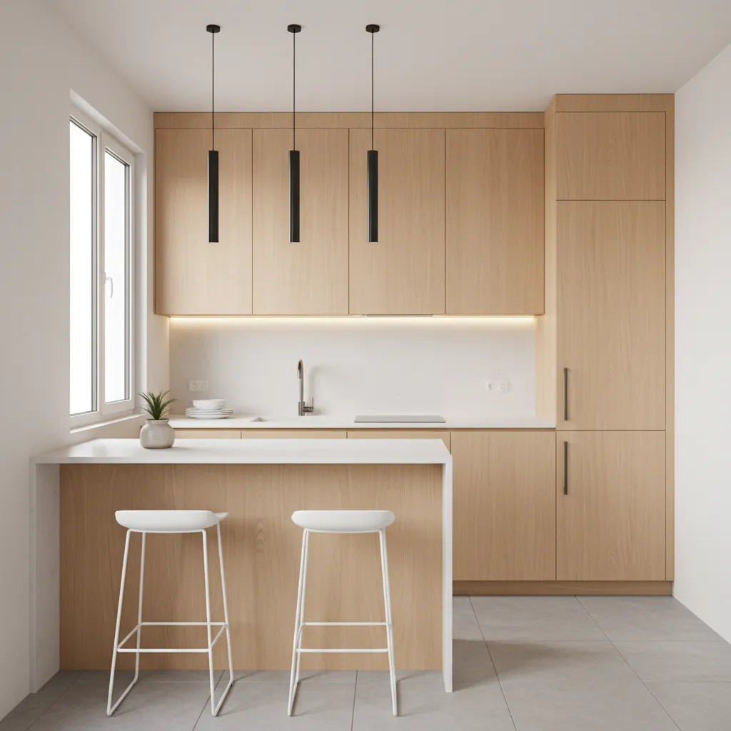 Compact apartment kitchen with built-in refrigerator integrated into cabinets