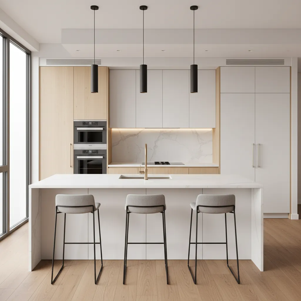 Modern apartment kitchen with island and seating