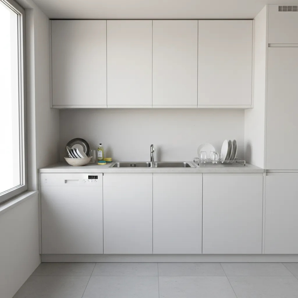Small apartment kitchen layout showing sink workflow and drying area