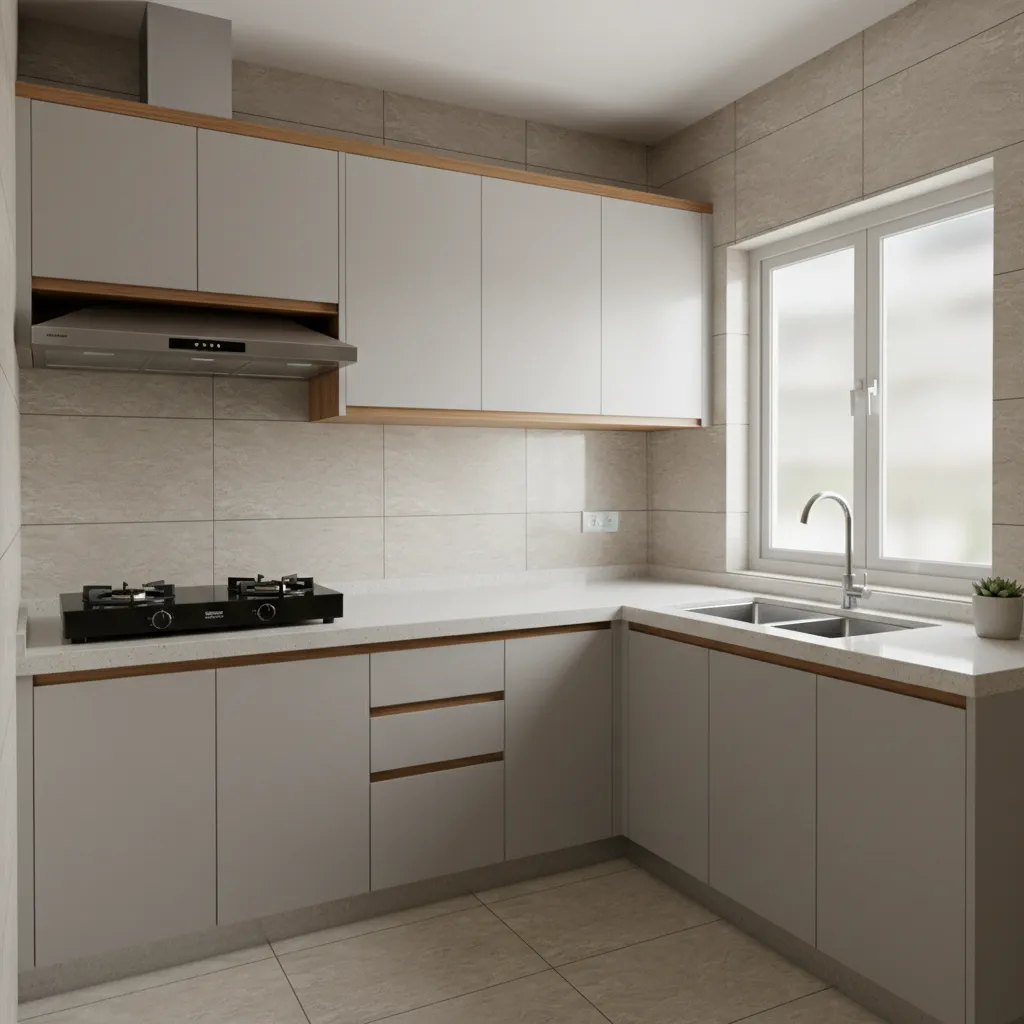 compact Indian apartment kitchen layout with stove and storage arranged according to Vastu principles