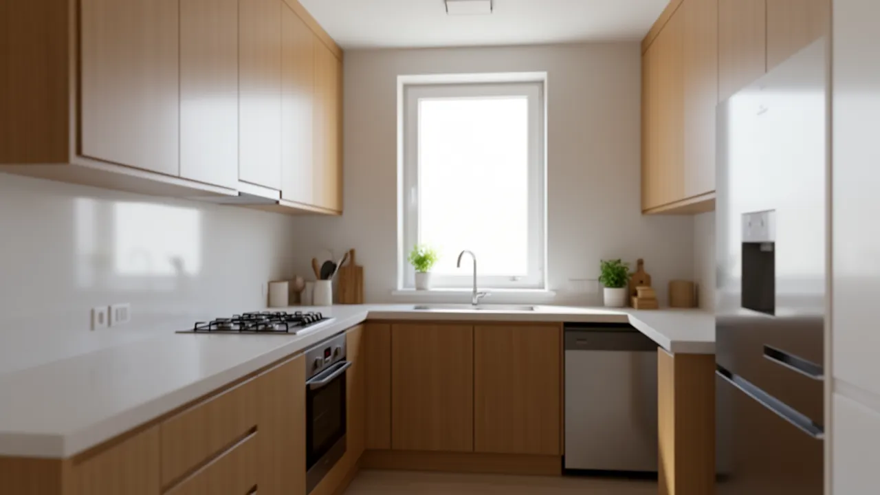 Compact apartment kitchen with window ventilation and functional layout