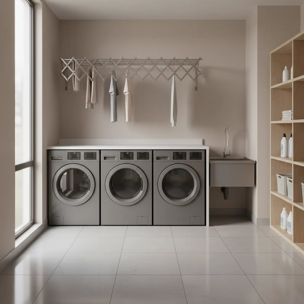 Apartment building shared laundry room with wall mounted accordion drying rack extended