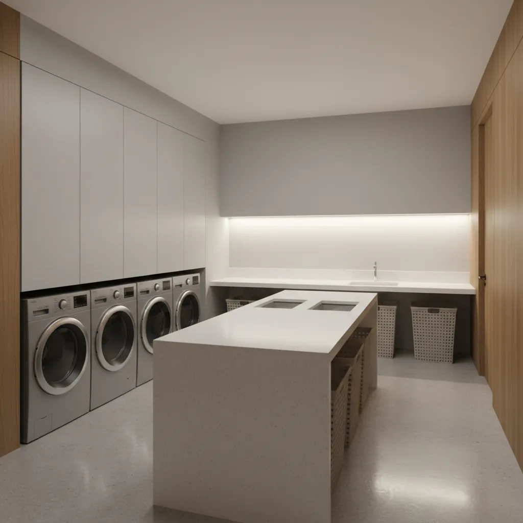 Modern laundry room featuring washing machines under grey cabinets with a white central folding table