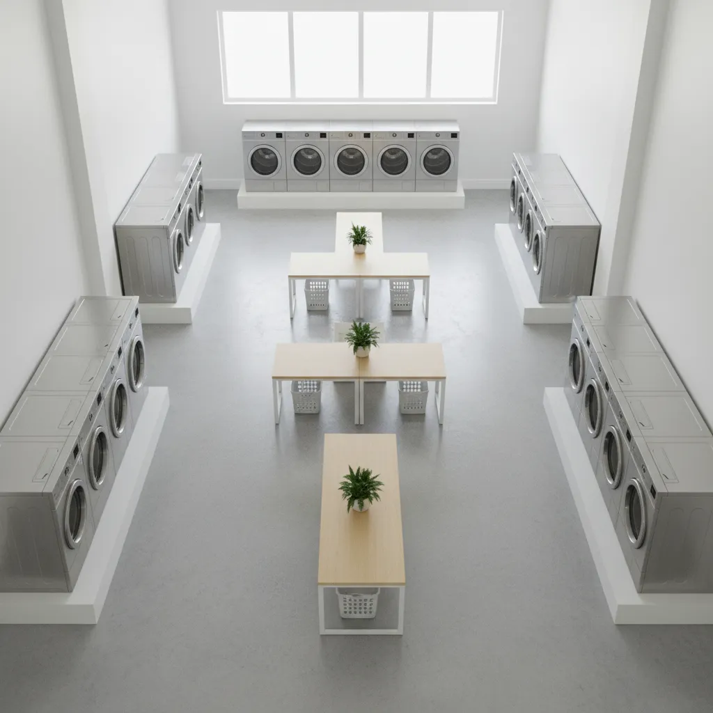 layout visualization of apartment shared laundry room with circulation space and machine rows