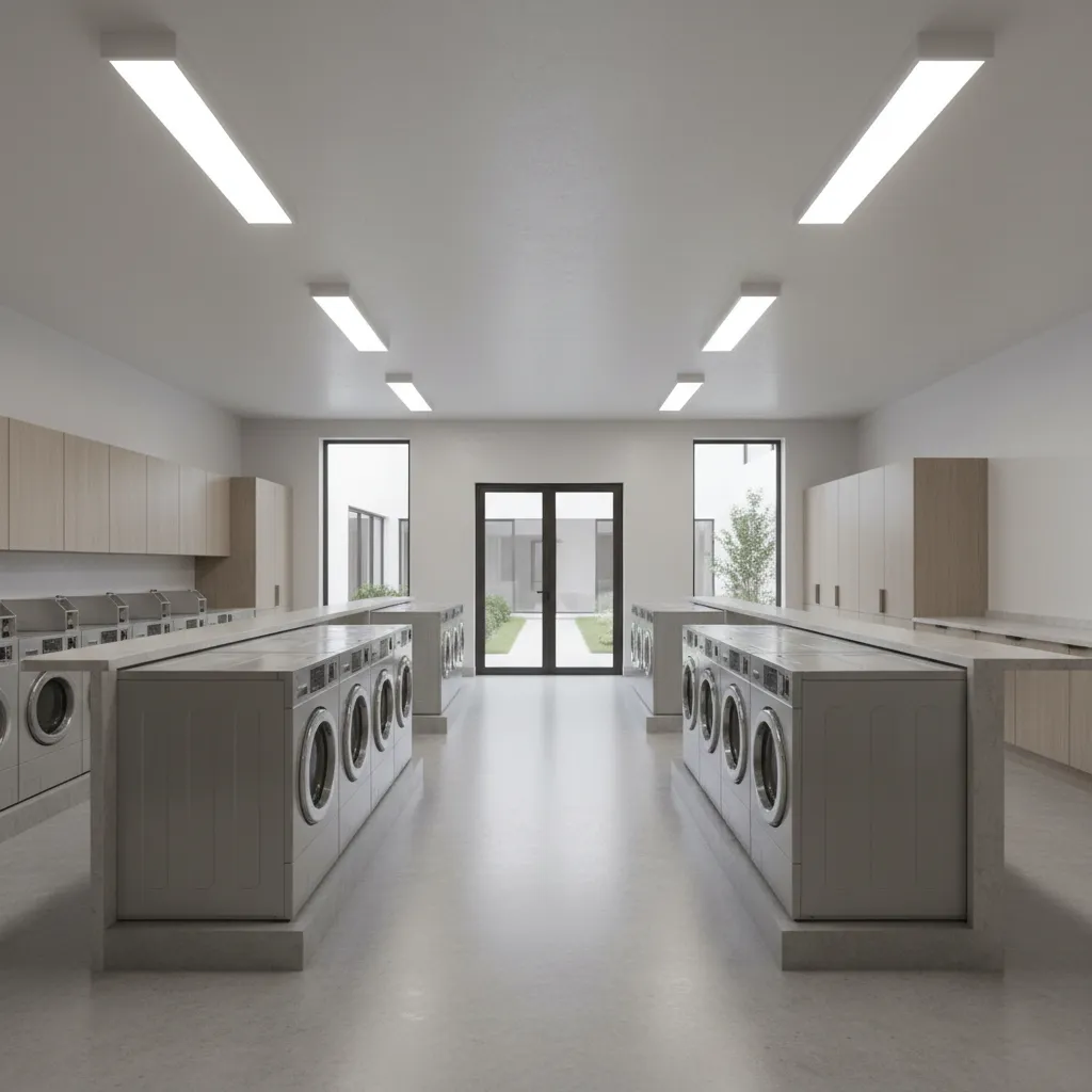 Apartment laundry room layout with clear visibility between machines