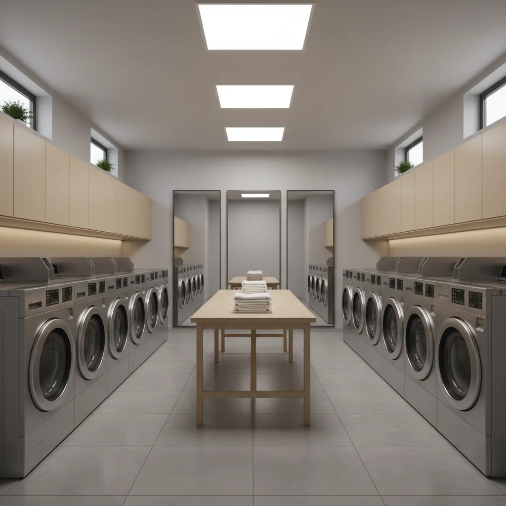 Clean shared apartment laundry room with multiple washers dryers and folding tables