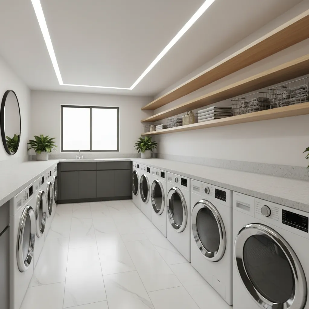 apartment building shared laundry room with multiple washers dryers and folding counters