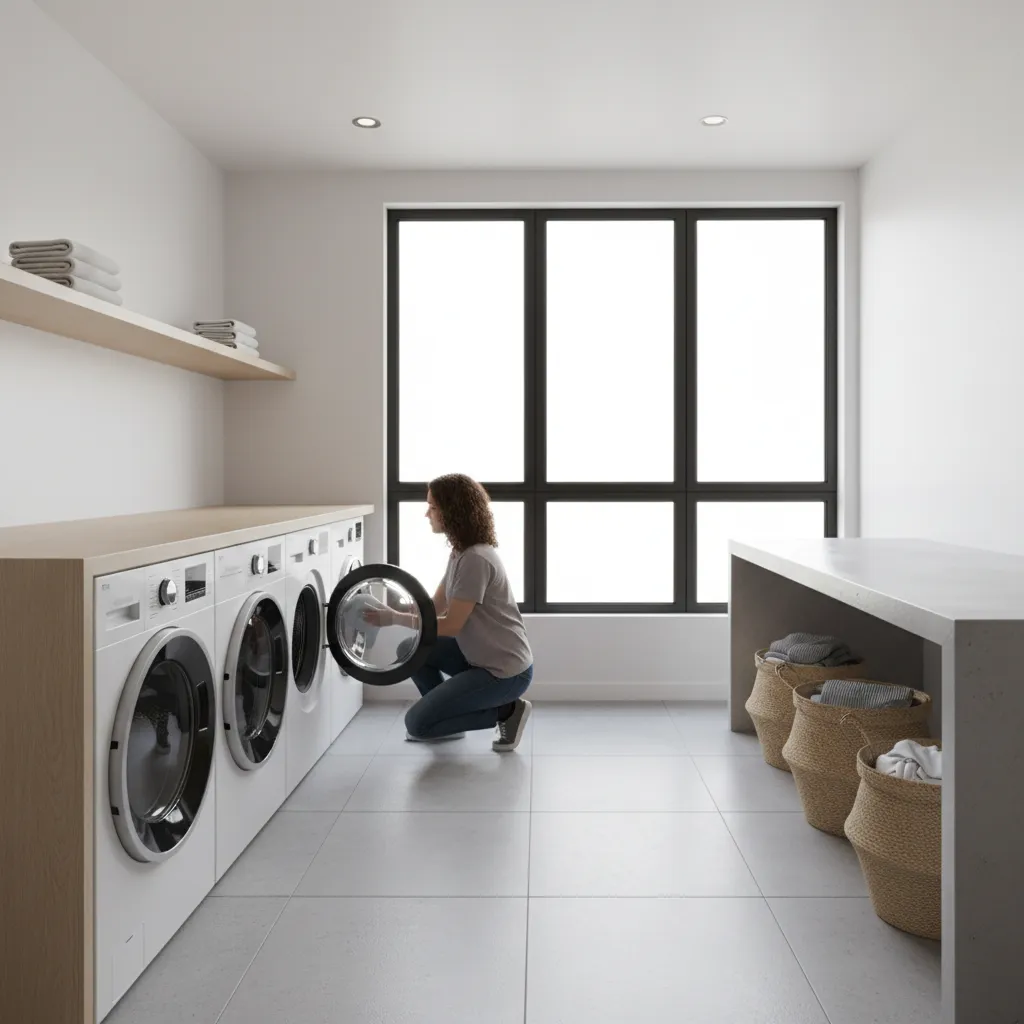 Resident checking washer machines in a shared apartment laundry room