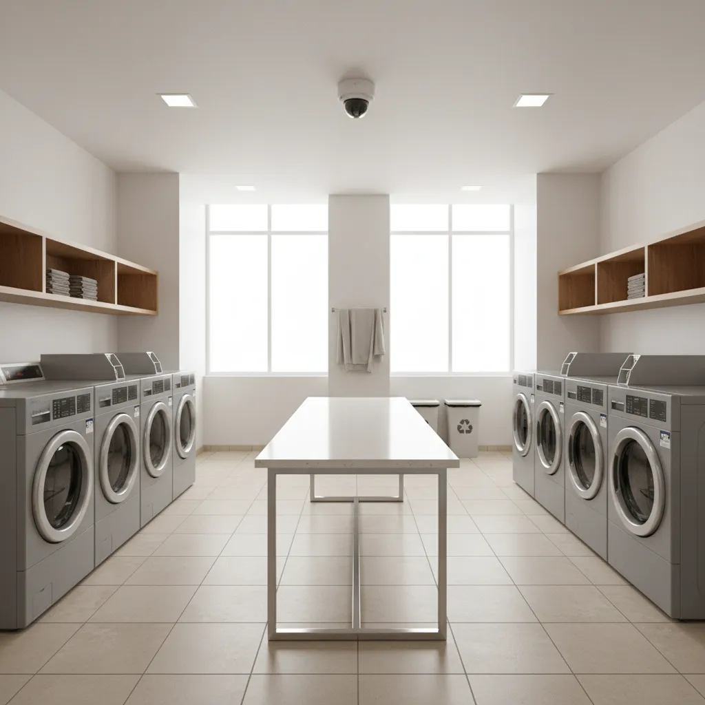 Apartment laundry room with visible security camera and washing machines