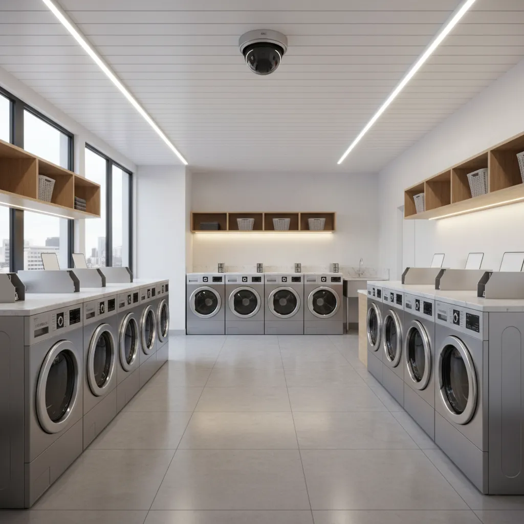 well lit apartment laundry room with security cameras and open visibility