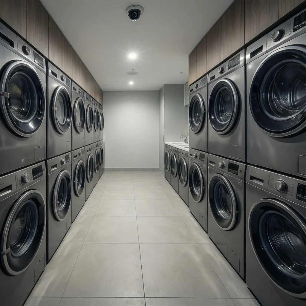 modern apartment laundry room with multiple washing machines and open layout