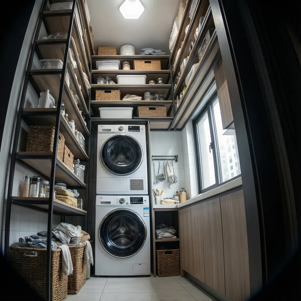 Compact apartment laundry room with tall vertical storage