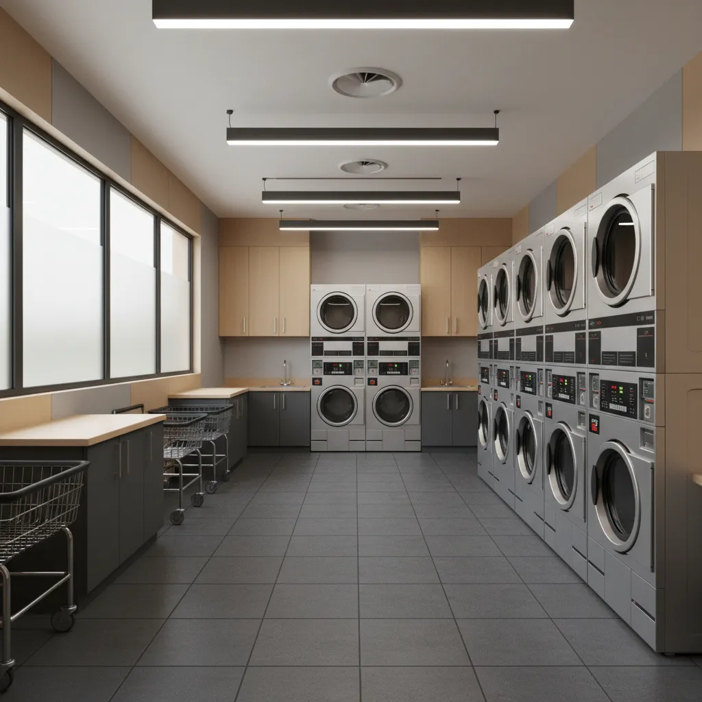 Apartment laundry room with installed rubber tile flooring and washers