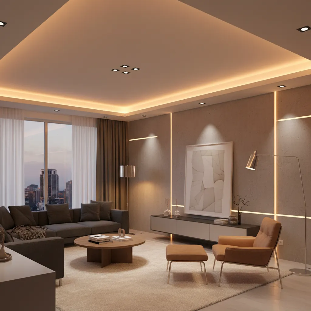 Layered lighting design in a modern apartment living space
