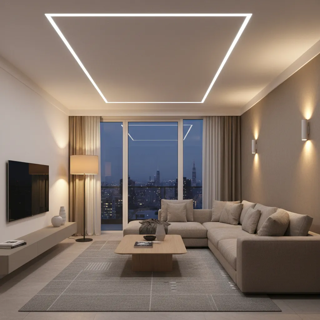 Layered lighting design in modern apartment living room