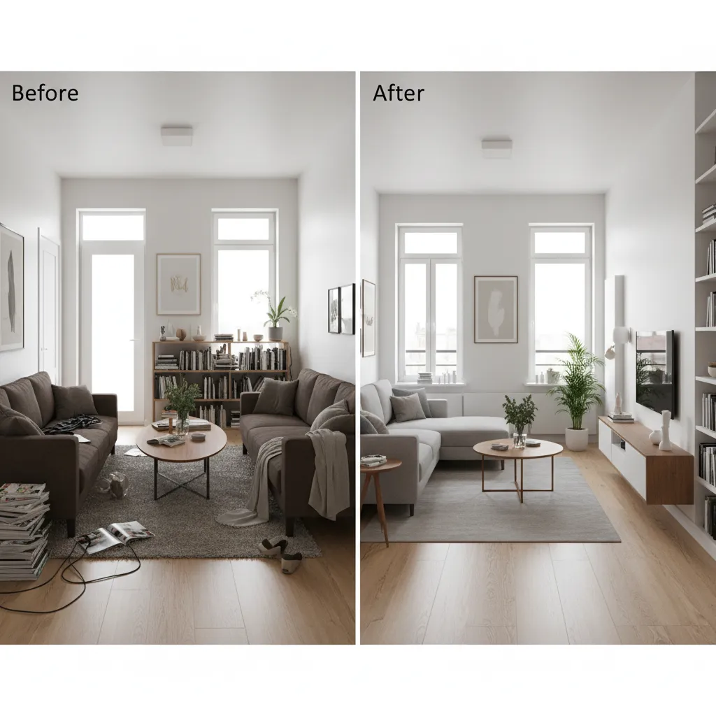 Before and after apartment furniture layout comparison showing improved circulation