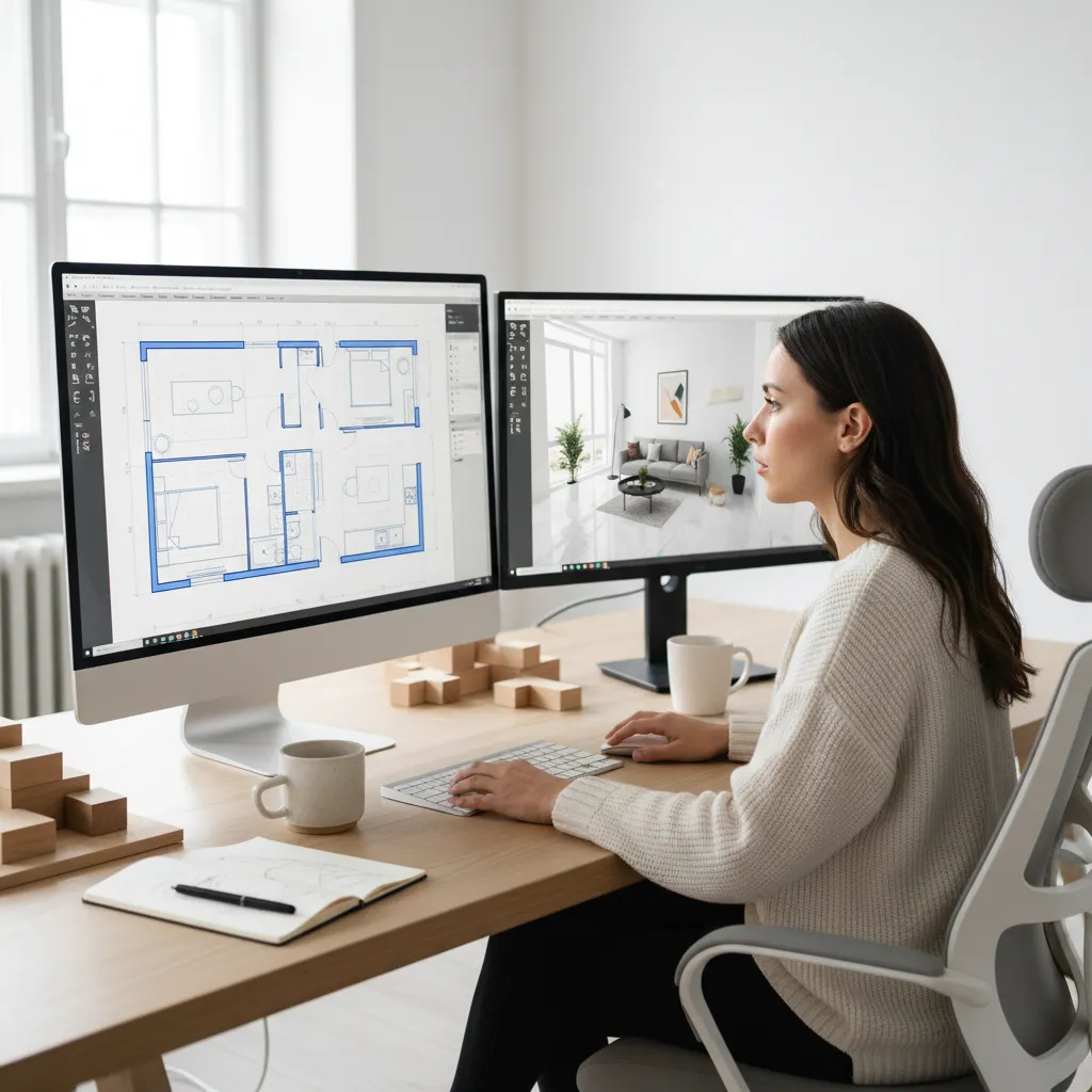 Designer working on two computer screens showing a blue floor plan and living room drawing