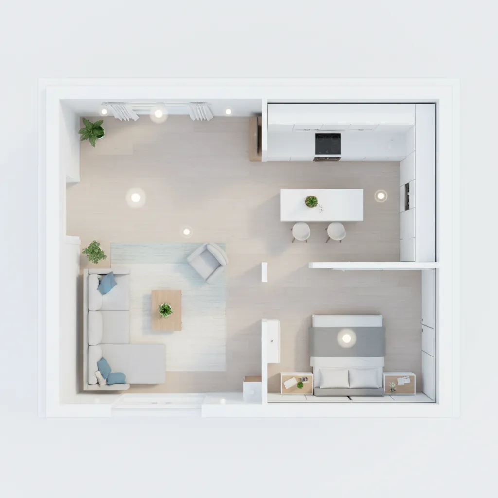 3d apartment layout planning interface showing rooms and furniture placement