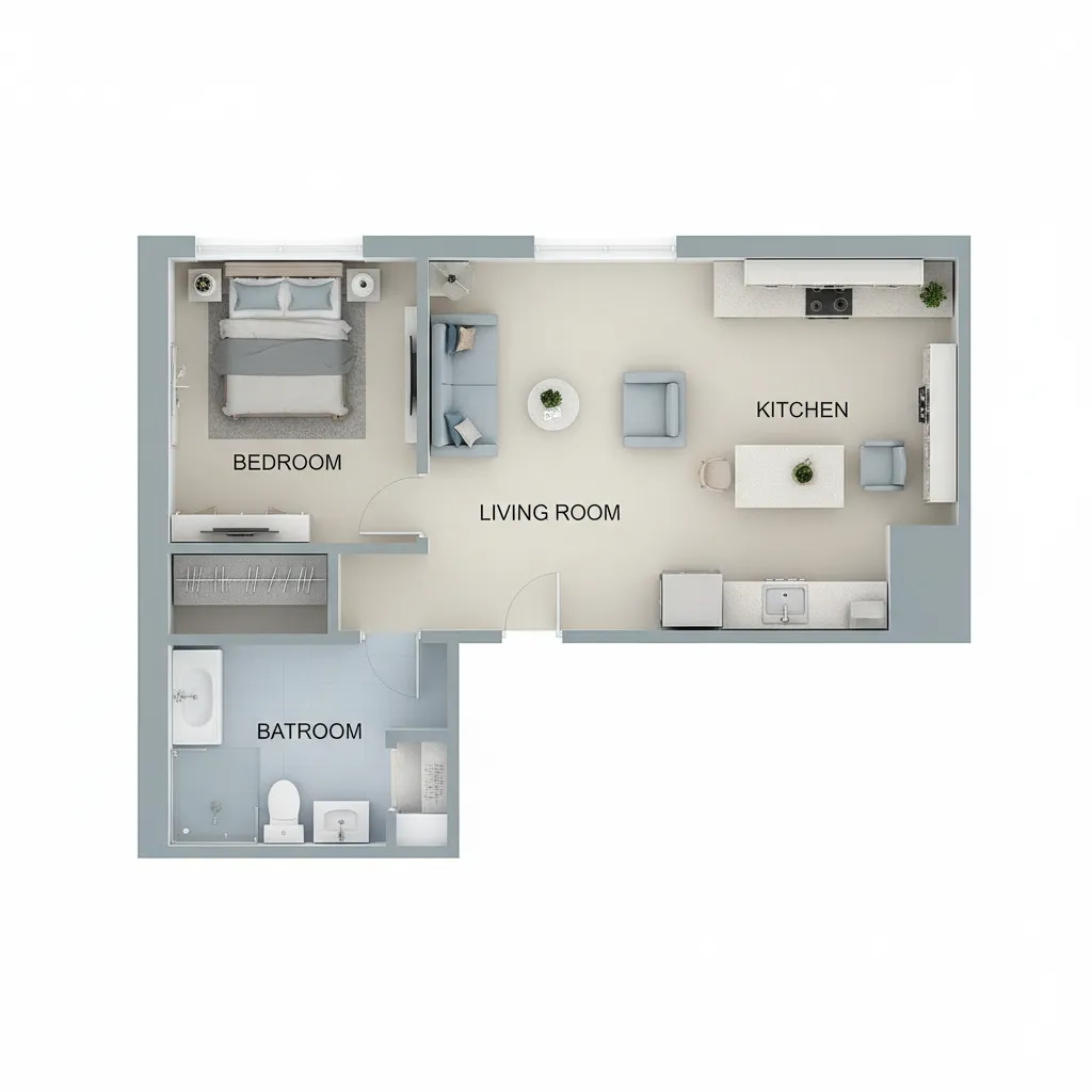 Complete small apartment floor plan with bedroom kitchen living area layout