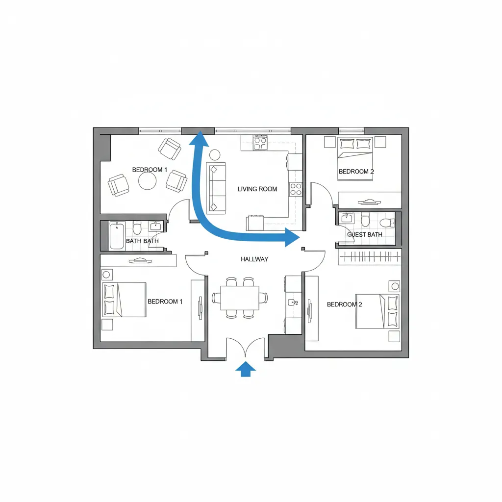 Simple apartment layout highlighting room connections and circulation flow