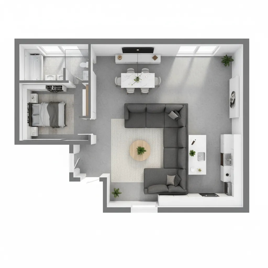 small apartment layout with oversized sofa blocking walkway