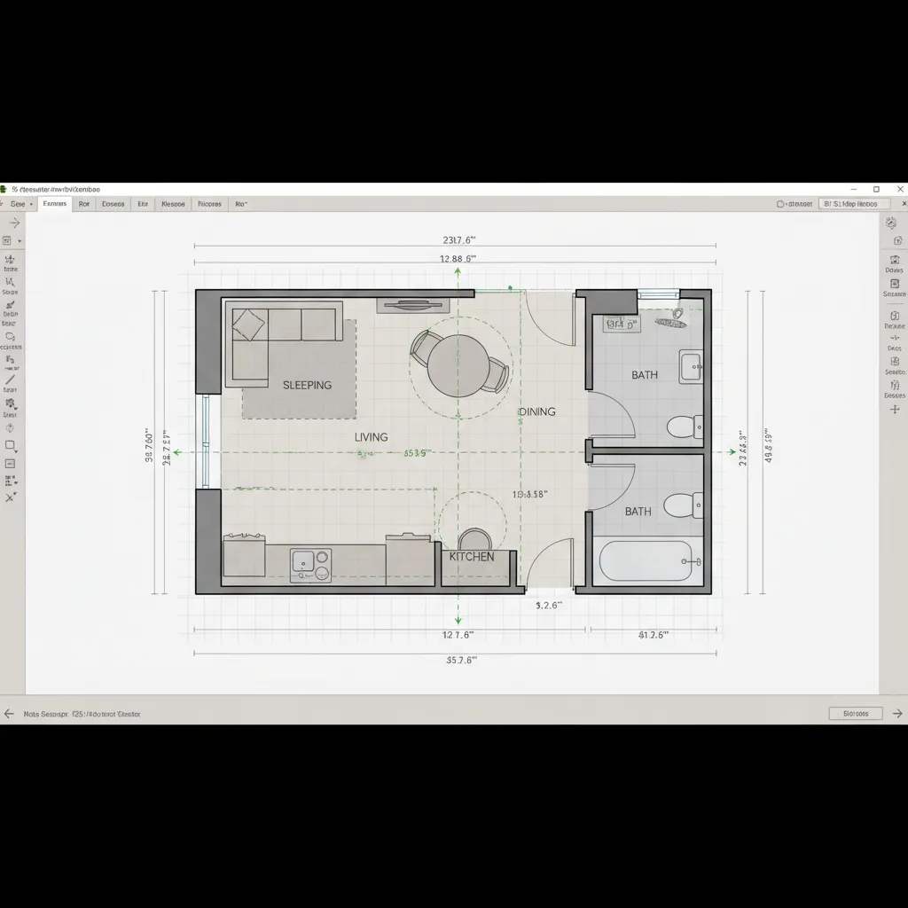 Apartment floor plan grid system showing measurements and furniture placement