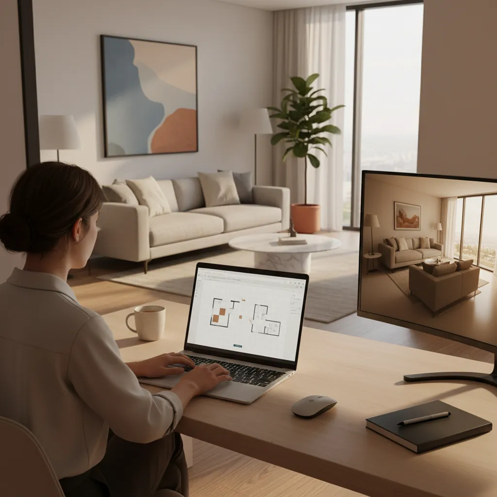 Designer planning apartment furniture layout using a digital room planner on laptop