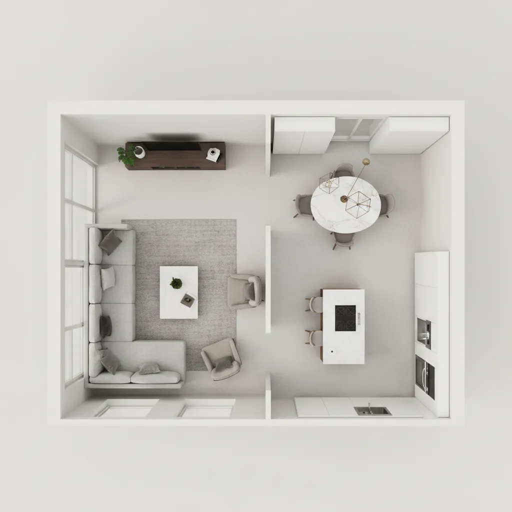top perspective apartment layout showing living dining and kitchen zoning