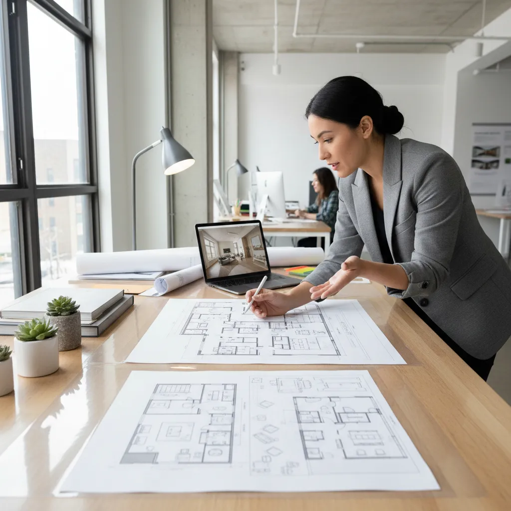 Designer reviewing apartment floor plan layout with furniture placement