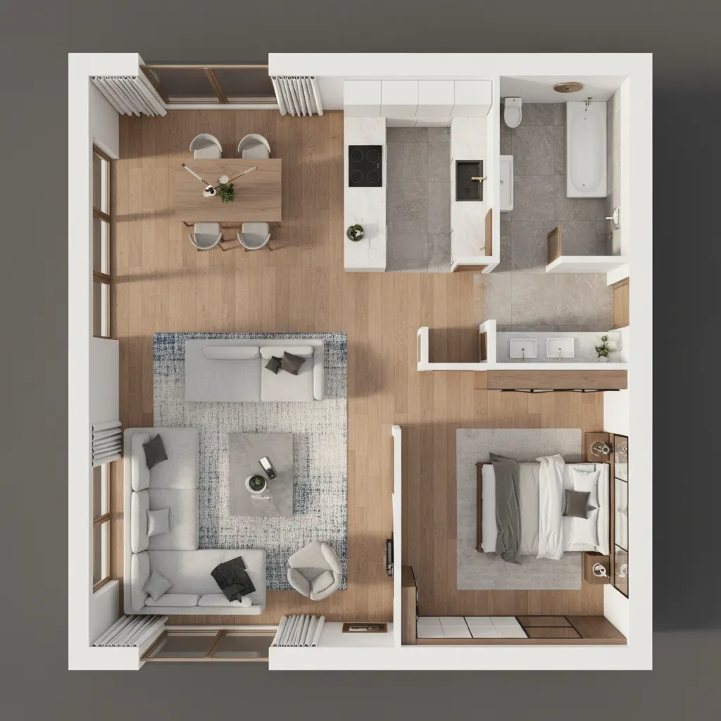 Top view interior design drawing of apartment room layout with living area and wooden floor