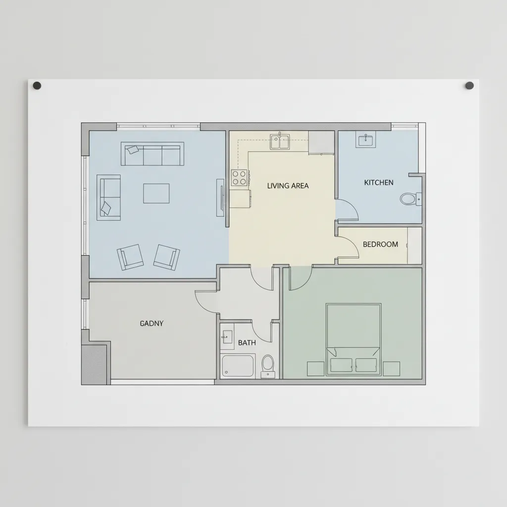 apartment zoning layout showing living kitchen and bedroom areas in a floor plan