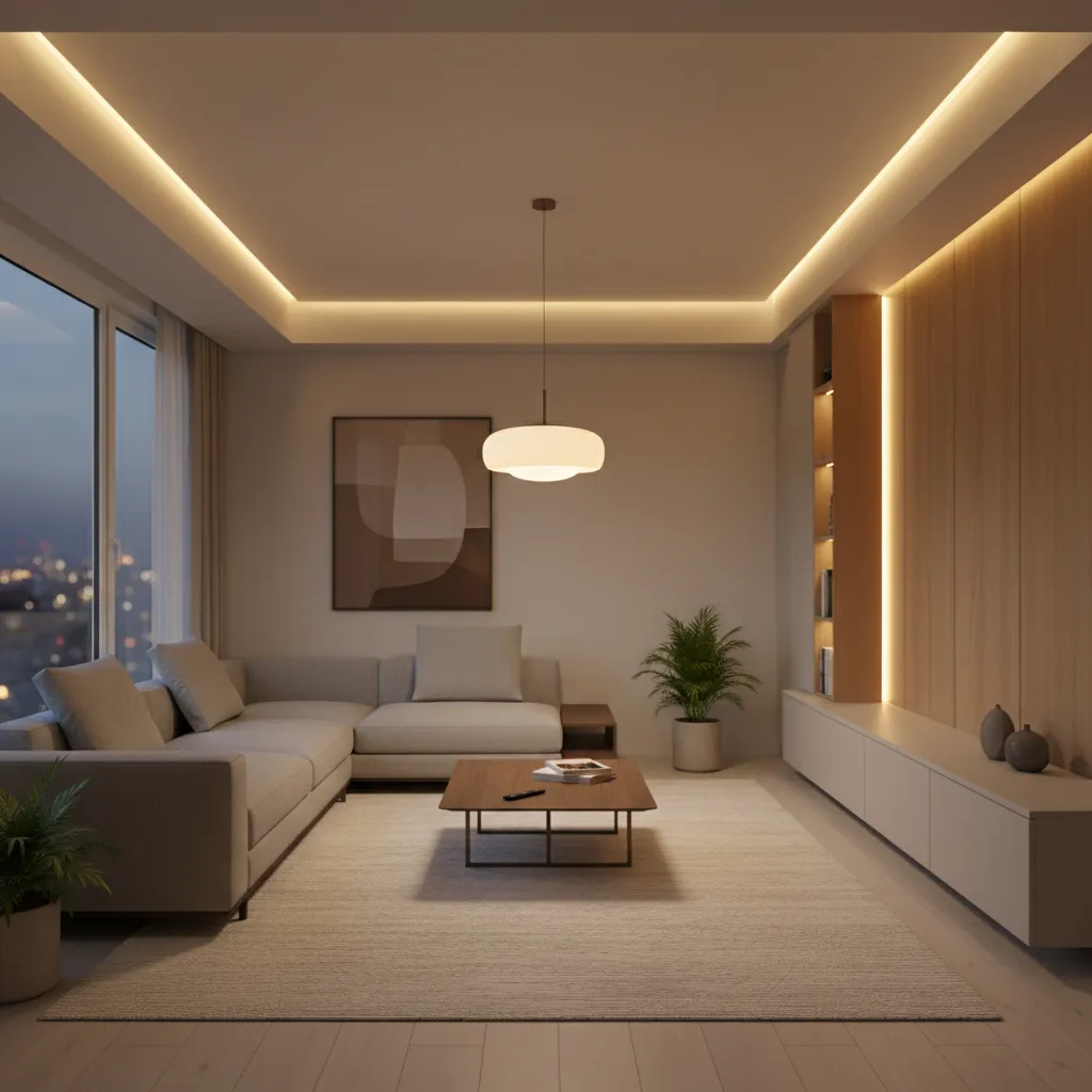 Warm living room with grey sofa wooden coffee table ceiling light and hidden wall light
