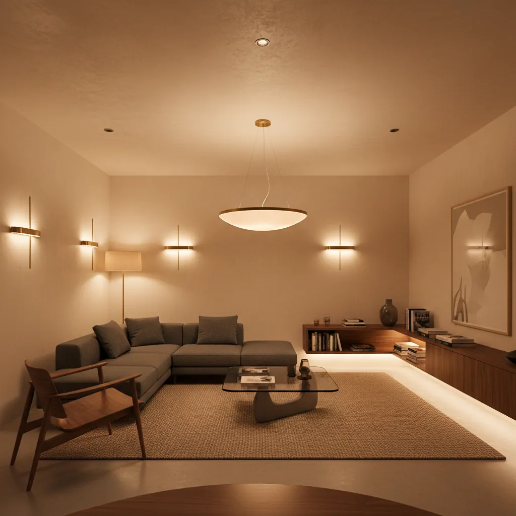 Diseño de iluminación interior en sala de departamento moderno