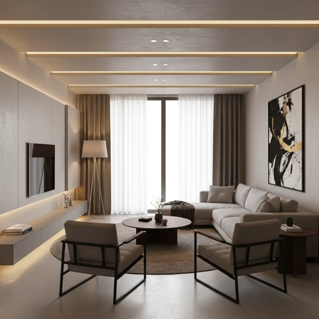 Layered lighting design in modern apartment living room enhancing sense of space