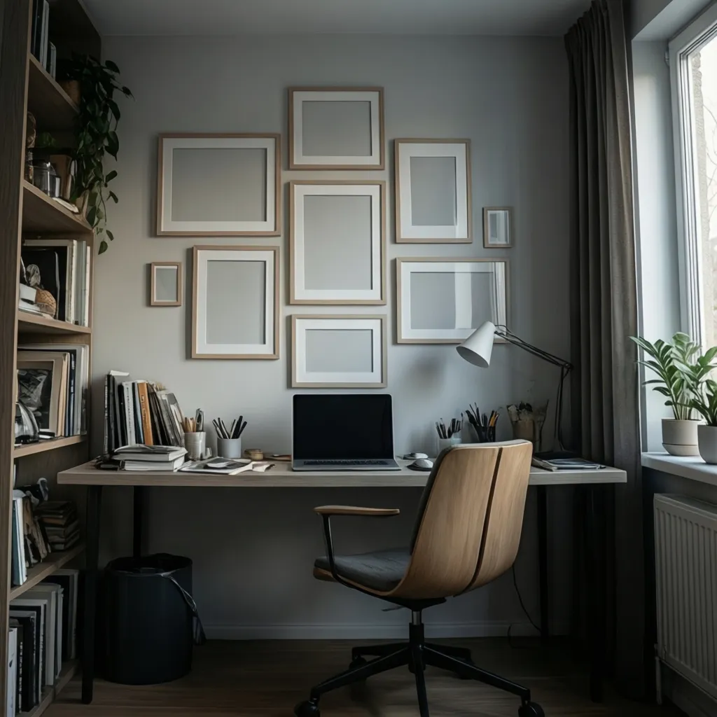 Lightweight empty frames arranged on a small apartment wall above a desk