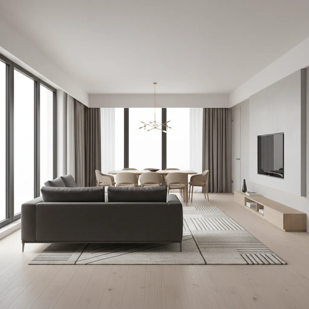 Open living and dining area in a 1680 sq ft apartment showing clear zoning with furniture placement