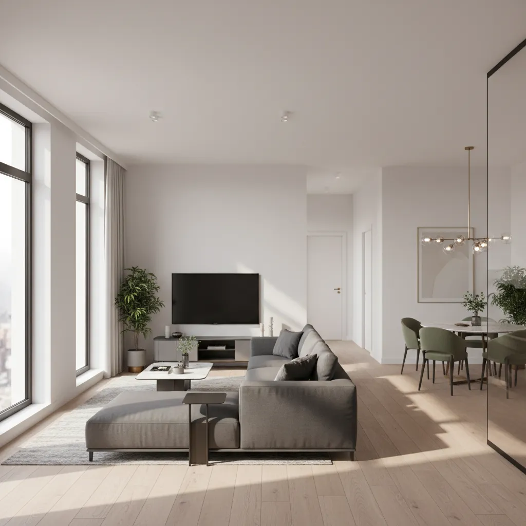 Apartment living dining room layout showing clear walking path along one side