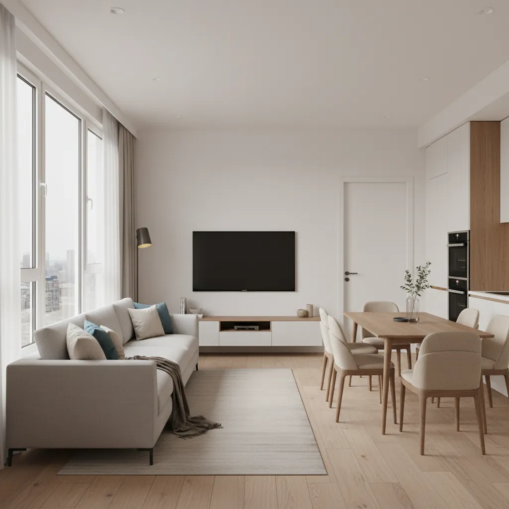 Apartment style 22 x 13 living dining room with linear furniture arrangement