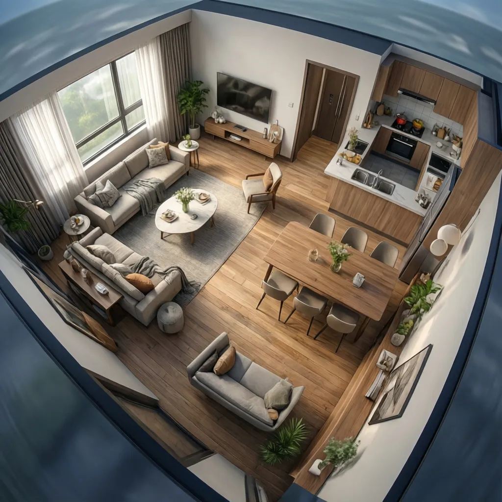 Apartment layout showing living area near window and dining near kitchen