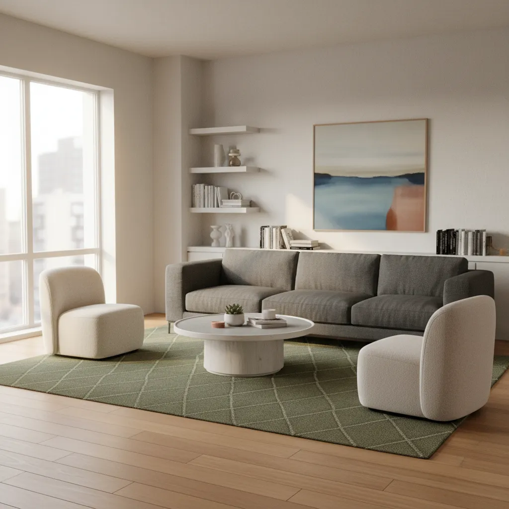 Apartment living room with chairs and sofa arranged around a 5x8 rug