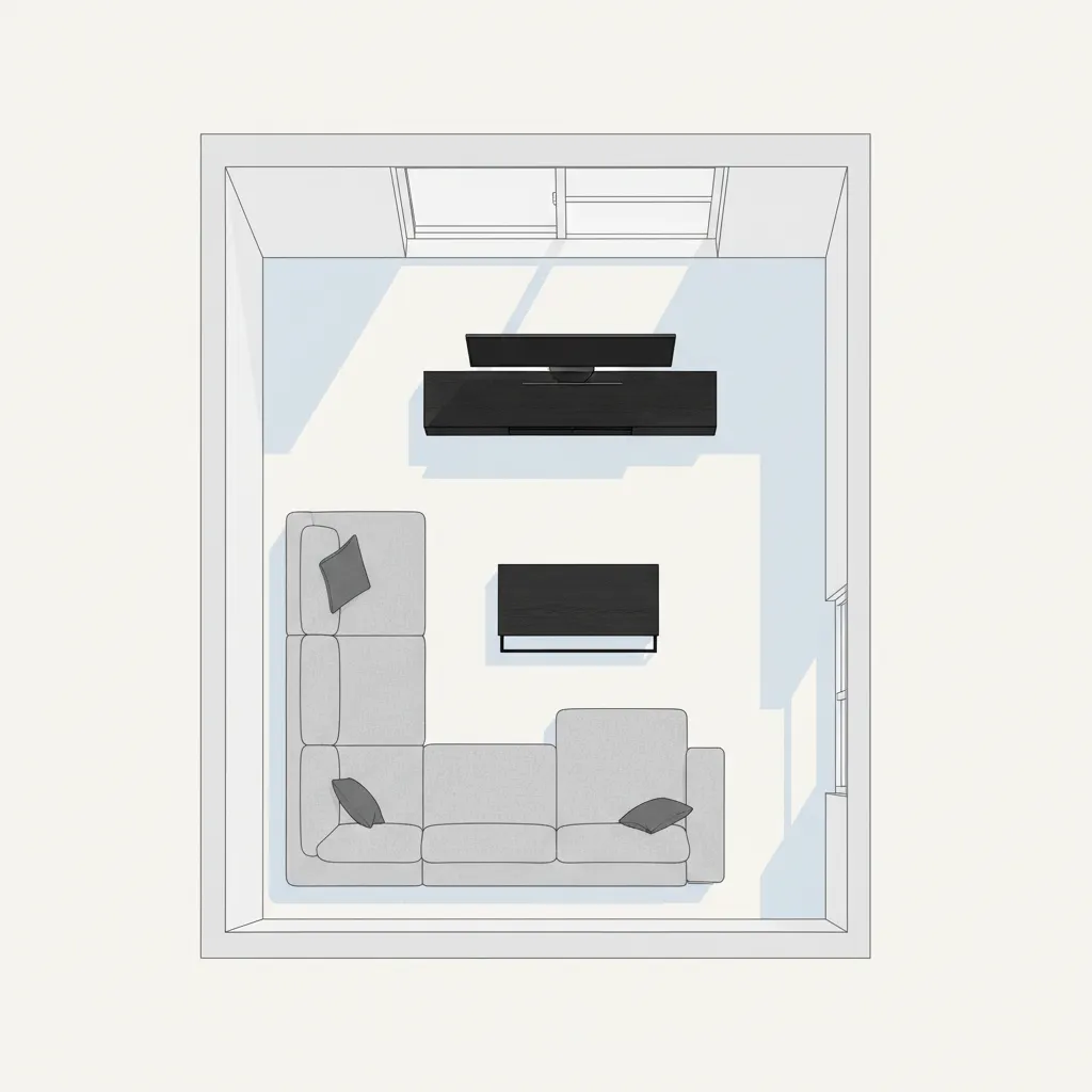 Apartment living room furniture layout showing circulation paths